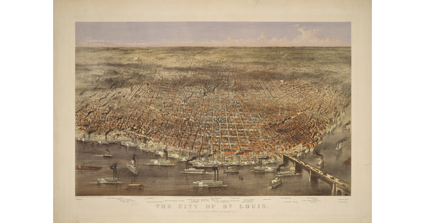 A color print of an aerial view of a busy port with ships in the foreground and a large city that sprawls to the horizon.