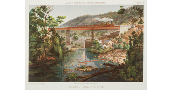 A color print of a locomotive billowing smoke on a high bridge over a tree-lined river.