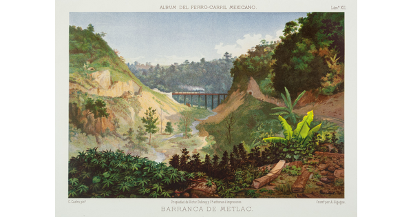 A color print of a locomotive on a high bridge in the distance going over a lush green canyon.