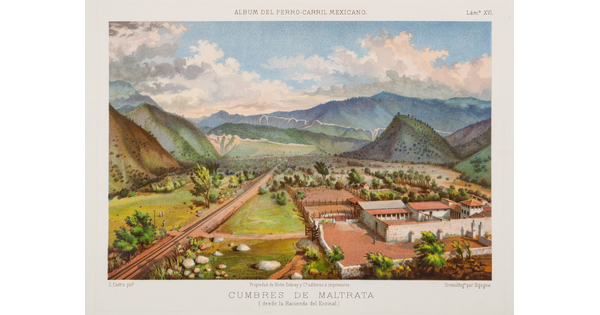 A color print of an adobe farmhouse and paddock in a mountain valley with railroad tracks running into the distance.