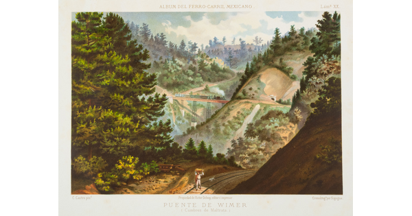 A color print of a locomotive on a high bridge in the distance while in the foreground a man and his dog walk along the tracks.