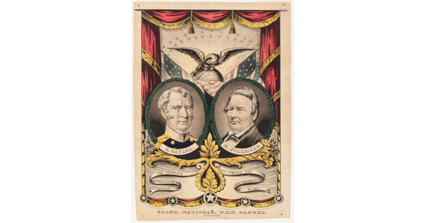 A color print of two oval portraits of White men framed by red curtains with yellow fringe and two U.S. flags, and a bald eagle atop a globe at center. 