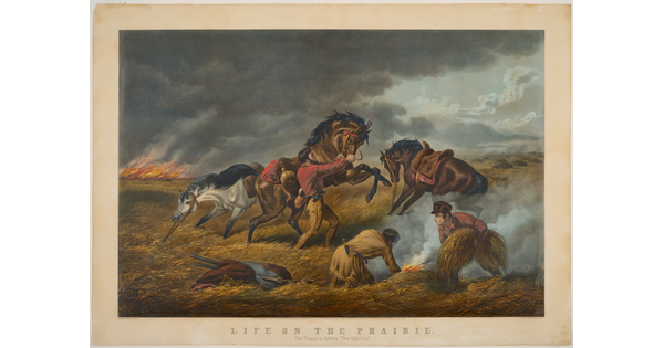 A color print of three White frontiersmen battling the flames of a wildfire as their horses buck wildly and pull at their reins.