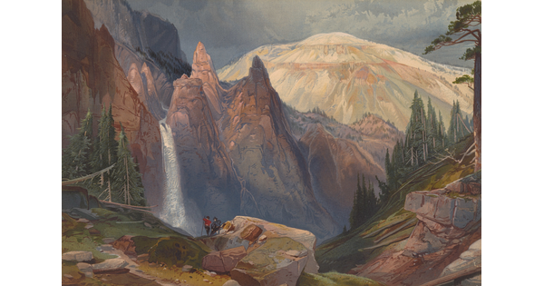 A color print of a rocky, mountainous landscape with two small people looking at a tall waterfall.