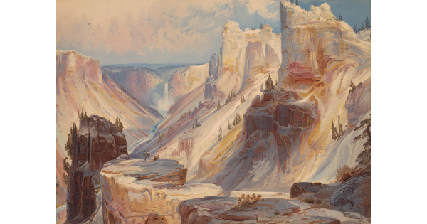A color print of a rocky canyon with a waterfall in the distance and three people on a rocky ledge in the foreground.