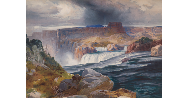 A color print of water flowing into a waterfall surrounded by large red rock formations on a cloudy day.