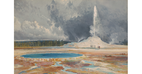 A color print of a landscape with large circular pool of blue water in the foreground and tall geyser shooting water into a gray, cloudy sky.