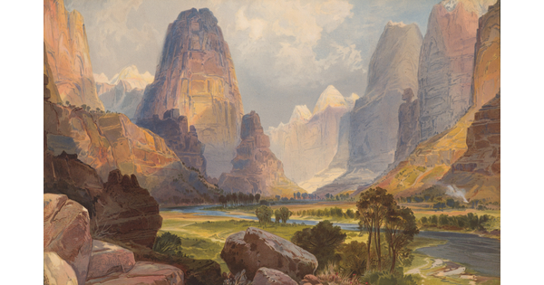A color print of a landscape with rocky cliffs, mountains, and a river.