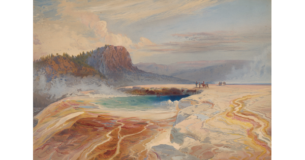 A color print of people overlooking a blue pool of steaming water in an arid-looking mountain landscape.