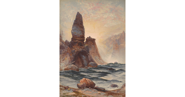 A color print of a choppy river in front of two towering rock formations backlit by the sun.