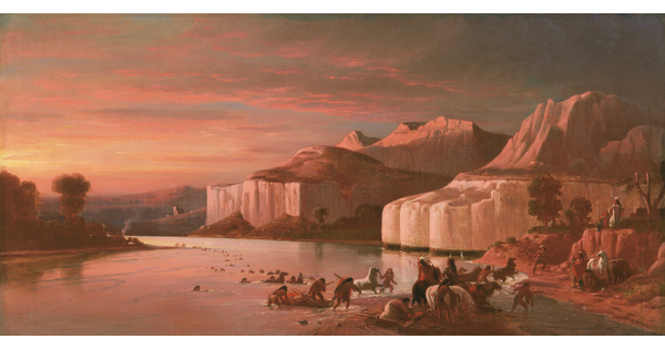 An oil painting of a group of Indigenous people on horseback crossing a calm river as a cloud-filled sky casts an orange light on the water and nearby cliffs.