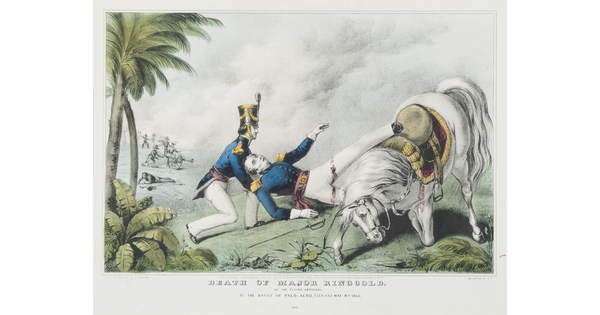 A color print of a wounded soldier falling off his horse as another soldier catches him by his shoulders.
