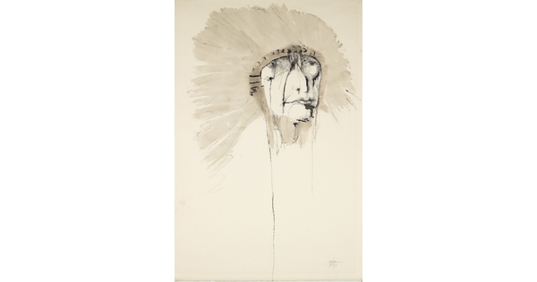 An abstract black-and-white drawing of an Indigenous person wearing a feathered headdress.