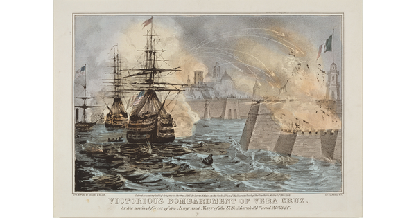 A color print of large battleships on choppy seas shooting rockets toward a coastal military fort with a Mexican flag.