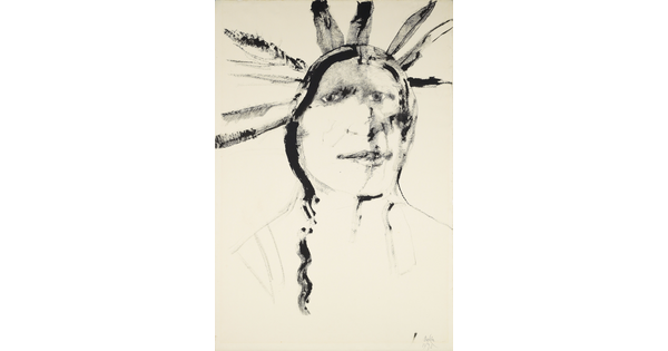 An black ink drawing in a sketchy, slightly abstract style of an Indigenous man from the shoulders up wearing a headdress.