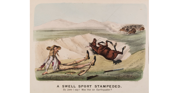 A color print of a White man wearing tattered clothes sitting in a ravine, broken rifle next to him, horse on its back in front of him; a herd of running bison the background.
