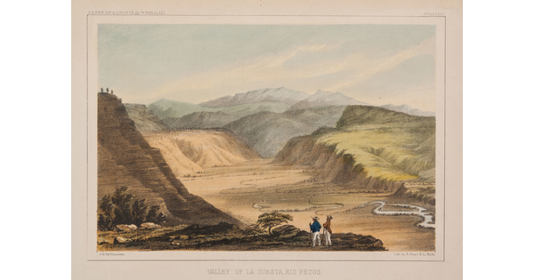 A color print of two people standing on a bluff over a river valley surrounded by hills.
