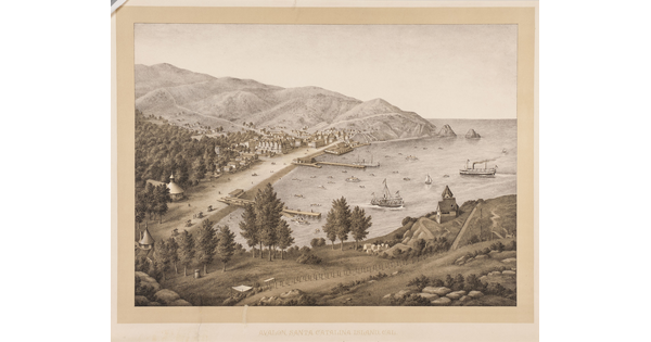 A sepia-toned print of a busy bay with ships at the foot of a hilly, rural mountainside town, depicted from a high vantage point.