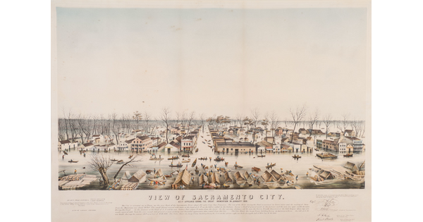 A color print of a flooded city; boats and rafts where the streets should be.