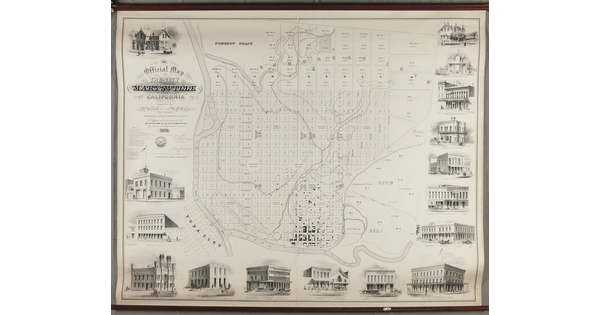 A black-and-white print of a map of a city showing its grid-like layout, surrounded by architectural views of some of the buildings.