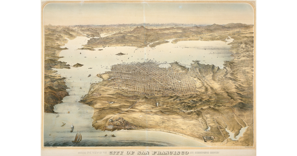 A color print of an aerial view that shows water, land masses, and the street grid of a city.