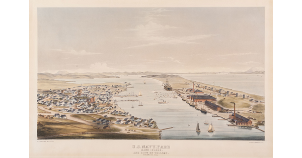 A color print of an aerial view of a city on a mainland separated from an island by a narrow channel of water with boats and ships on it.