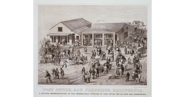 A black-and-white print showing a crowd of people in various lines outside a single-story, clapboard building.