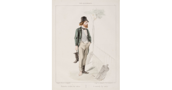 A color print of a standing White man with red hair and beard wearing a black hat, a mismatched three-piece suit, one foot bare as he holds his black boot in his hand.