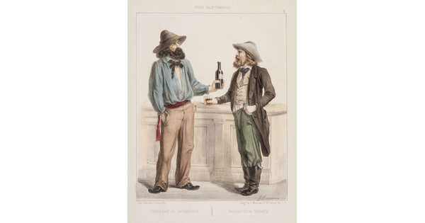 A color print of an illustration of two White men, both with beards, hats, ties, and boots drinking at a bar.