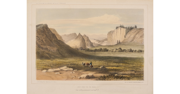 A color print of a person on horseback with two packhorses riding through a green valley surrounded by mountains and cliffs.