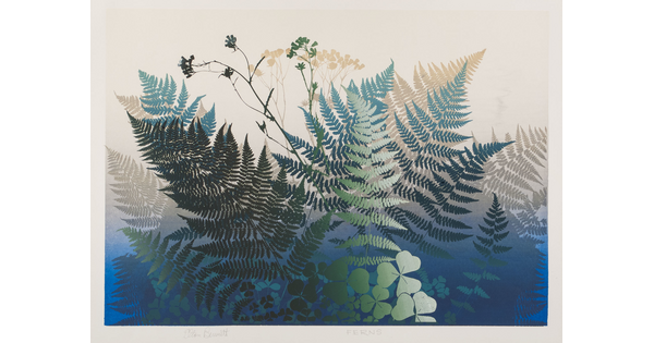 A color print of a fern fronds, clovers, and other plant leaves in blues, greens, and tans.