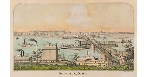 A color print of a riverfront shipyard, a bridge, and a city on the far side of the bridge.