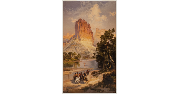 A color print of an Indigenous group on horseback on the bank of a river moving toward a tall butte.
