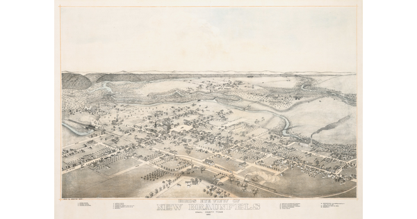 A black-and-white aerial view of a town with hills in the distance over the words "New Braunfels."