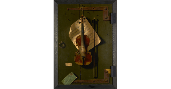 A realistic color print of a violin and bow hanging on a green, wood door with sheet music tacked behind the violin.