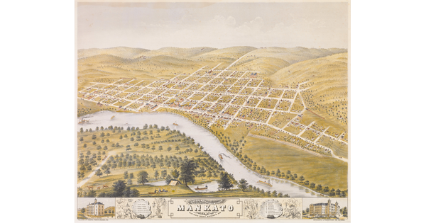 A color print of an aerial view of a river-side town showing streets organized in a grid and hills beyond.