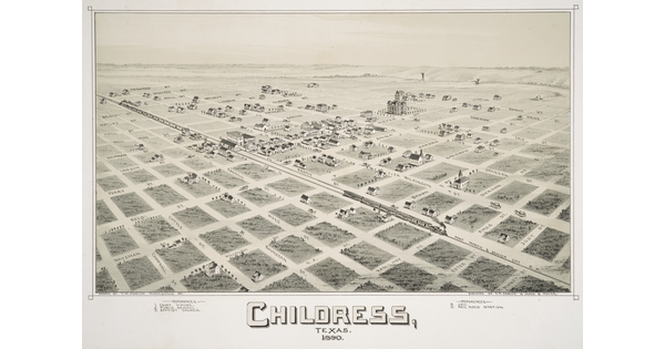 A black-and-white print of an aerial view of a flat town with many blocks but only a few buildings and a train running diagonally through the center.