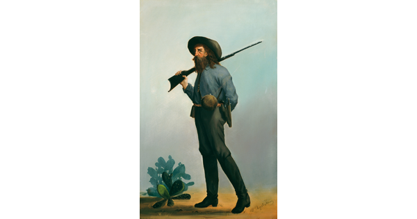 An oil painting of a White, bearded man wearing a cowboy hat and holding a rifle over his shoulder standing by a prickly pear plant.