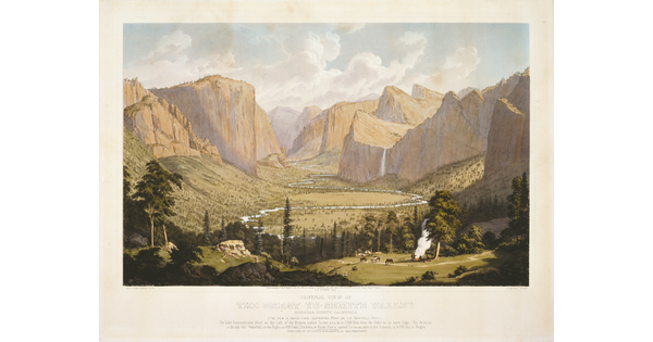 A color print of a mountainous landscape with steep cliffs, waterfalls, and a winding river through a green valley.