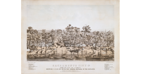 A sepia-toned print of the riverfront of a bustling town with rows of buildings and horse-and-wagon traffic.
