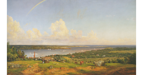 An oil painting of a countryside bathed in sunshine with water in the distance and people watching an artist paint in the foreground.