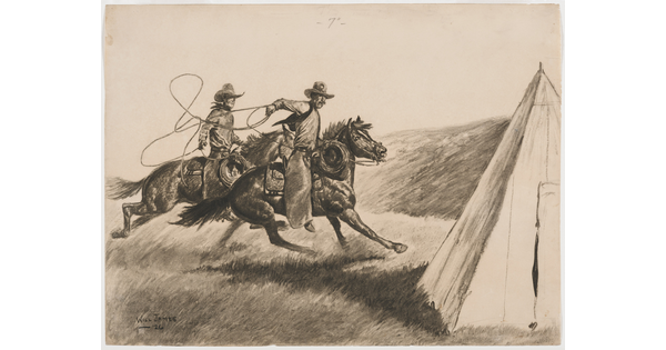 A black-and-white drawing of two cowboys on galloping horses, one throwing a rope, while riding past a tent.