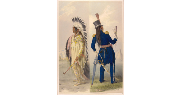 A color print of a Native American man in two outfits: on the left he wears traditional clothing and on the right a soldier's blue uniform.