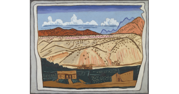 An abstract landscape painting composed of horizontal bands of color depicting grass, pueblos, desert, mountains, and sky.