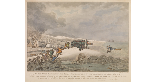 A color print of soldiers and villagers standing on a small snowy hill overlooking the sea and two ships in the distance.