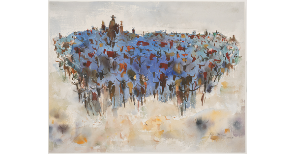 An abstract watercolor painting of a figure on horseback among a herd of longhorn cattle moving toward the viewer.
