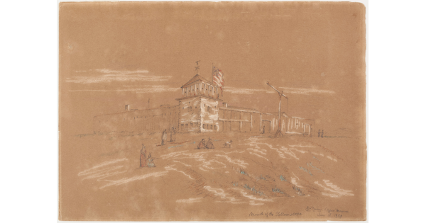 A drawing in white chalk on tan paper of a fortress with a large tower on the corner and an American flag at the top.
