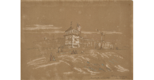 A drawing in white chalk on tan paper of a fortress with a large tower on the corner and an American flag at the top.