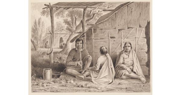 A black-and-white drawing of three Native American figures, one holding a ceremonial pipe, seated outside of a plank dwelling.