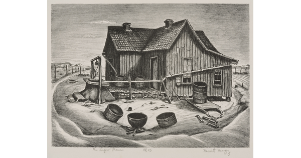 A black-and-white print of a wood house with vertical siding and a well in the yard.